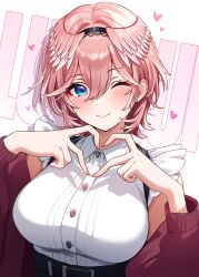 1girl four-finger_heart_hands ;) black_hairband blue_eyes breasts cardigan closed_mouth collared_shirt commentary_request double-parted_bangs frilled_sleeves frills hair_between_eyes hairband hands_up head_wings heart heart_hands highres holika_baby hololive large_breasts looking_at_viewer off_shoulder one_eye_closed open_cardigan open_clothes pink_hair pink_wings red_cardigan shirt shirt_tucked_in short_hair short_sleeves smile solo takane_lui upper_body virtual_youtuber white_shirt wings