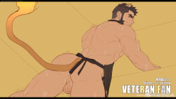 Rule 34 | 1boy, alca (wakatanka4), animal ears, apron, ass, bara, beard, facial hair, from behind, from below, gyee, highres, lion boy, lion ears, lion tail, looking at viewer, male focus, masayoshi togashi (alu379), mature male, muscular, muscular male, naked apron, original, paid reward available, seductive smile, short hair, smile, smirk, solo, sweat, tail, testicles, thick eyebrows, thick thighs, thighs, trembling, very sweaty