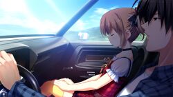 1boy 1girl asymmetrical_legwear belt black_choker black_hair brown_belt brown_hair car_interior choker closed_eyes collarbone day dress driving from_side fumio_(ura_fmo) game_cg grey_eyes grisaia_(series) grisaia_no_meikyuu hands_on_lap holding_steering_wheel irisu_makina kazami_yuuji mismatched_legwear non-web_source parted_lips pink_thighhighs plaid_clothes plaid_dress profile red_dress short_hair short_twintails sitting sky thighhighs twintails yellow_thighhighs