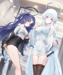 2girls absurdres black_bra black_jacket black_pantyhose black_skirt blue_archive blue_bra blunt_bangs blush bra bra_visible_through_clothes breasts closed_mouth clothes_pull commentary_request eshineko hair_between_eyes highres jacket long_hair looking_at_viewer multiple_girls noa_(blue_archive) pantyhose pantyhose_around_legs pantyhose_pull purple_eyes purple_hair shirt sidelocks skirt smile two_side_up underwear very_long_hair wet wet_clothes wet_shirt wet_skirt white_hair white_jacket white_shirt white_skirt yuuka_(blue_archive)
