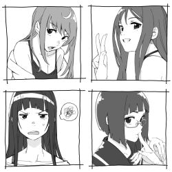 4girls absurdres breasts check_copyright choker cleavage collarbone copyright_request cow finger_to_mouth fingernails grey_hair grin highres long_fingernails looking_at_viewer mole mole_under_eye monochrome multiple_girls off_shoulder original shiro_shougun short_sleeves small_sweatdrop smile spoken_squiggle squiggle v