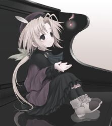 1girl antenna_hair ascot black_capelet black_dress black_eyes black_socks brown_hat brown_jacket capelet dress eighth_note full_body hat hat_feather indoors jacket long_hair mini_person minigirl music musical_note parted_bangs phorni_(symphonic_rain) reflection shoes singing sitting socks solo symphonic_rain tsukiyo_umi very_long_hair