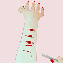 Rule 34 | 1other, avogado6, blood, original, pov, pov hands, razor, red eyes, red nails, self-harm, simple background, solo, surreal, wrist cutting
