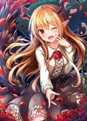 10s 1girl ;d bat_(animal) bat_wings black_legwear black_skirt blonde_hair blush breasts collared_shirt cowboy_shot cross-laced_clothes female_focus flower frilled_skirt frills granblue_fantasy head_wings heart long_hair long_sleeves looking_at_viewer night night_sky one_eye_closed open_mouth petals pointy_ears red_eyes red_flower red_rose rose rose_petals sakura_ani shingeki_no_bahamut shirt sidelocks skirt sky small_breasts smile solo star_(sky) starry_sky vampire vampy white_shirt wings