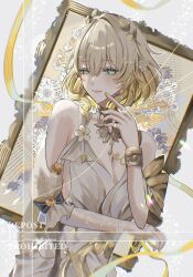 1girl aglaea_(honkai:_star_rail) blonde_hair breast_tattoo breasts cleavage dress gold_tattoo green_eyes highres honkai:_star_rail honkai_(series) large_breasts laurel_crown looking_at_viewer nukoxx_02 painting_(object) picture_frame short_hair smile tattoo thread twitter_username white_dress yellow_nails