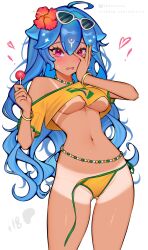 ! 1girl ahoge alternate_costume ark_evil02 bangle bao_(vtuber) bead_necklace beads bikini blue_hair bluesky_username blush bracelet brazilian_flag brazilian_flag_print brazilian_miku brazilian_miku_(cosplay) breasts candy commentary cosplay cowboy_shot cropped_shirt curly_hair double-parted_bangs eyelashes eyewear_on_head fingernails flag_print flower food gluteal_fold green_nails hair_flower hair_ornament hand_on_own_face hands_up hatsune_miku heart highres holding holding_candy holding_food holding_lollipop indie_virtual_youtuber jewelry lollipop looking_at_viewer nail_polish navel necklace no_bra open_mouth orca_girl patreon_username red_eyes shirt shirt_overhang short_sleeves shy side-tie_bikini_bottom single_off_shoulder small_breasts solo stomach sunglasses swimsuit tan tanline thighs underboob untied_bikini_bottom virtual_youtuber vocaloid white-framed_eyewear white_background yellow_bikini yellow_nails yellow_shirt