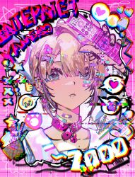 1girl absurdres bandaid bandaid_on_neck blonde_hair blue_hair blunt_bangs border calling chouzetsusaikawa_tenshi-chan collar colored_tips english_text food glitch grid_background heart highres holding holding_phone ice_cream kelezi looking_at_viewer multicolored_hair needy_girl_overdose numbered open_mouth phone pien_cat_(needy_girl_overdose) pink_border pink_collar quad_tails sailor_collar saturated solo speech_bubble spoken_expression thumbs_up upper_body wide-eyed x