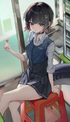 1girl black_hair choker chromatic_aberration deokgi_(hongdeosgi) ellen_joe fins fish_tail food hair_ornament holding holding_food indoors looking_at_viewer multicolored_hair school_uniform shark_tail short_hair sitting skirt solo tail thighs two-tone_hair zenless_zone_zero