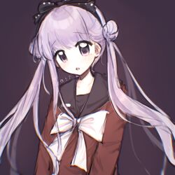 1girl black_bow black_hairband black_sailor_collar bow bowtie chinese_commentary chromatic_aberration commentary_request double_bun hair_bow hair_bun hairband highres kanzaki_mia long_hair long_sleeves open_mouth pink_eyes pink_hair purple_background red_shirt sailor_collar sailor_shirt shirt solo tareme the_hundred_line_-last_defense_academy- tsukumo_kako twintails upper_body white_bow white_bowtie
