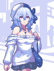 1girl alternate_costume bag black_skirt blue_bag blue_hair blue_hat blue_shirt breasts closed_mouth commentary cowboy_shot hair_between_eyes hat holding holding_bag iunelim large_breasts long_hair looking_at_viewer off-shoulder_shirt off_shoulder pixel_art purple_eyes shirt shorekeeper_(wuthering_waves) skirt solo two-tone_hat white_hat wuthering_waves