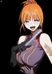 Rule 34 | 1girl, :d, black background, black gloves, blue eyes, blush, breasts, cerevevisiae, folded fan, folding fan, gloves, hand fan, highres, holding, holding fan, large breasts, looking at viewer, open mouth, orange hair, raised inner eyebrows, simple background, smile, smug, solo, standing, umineko no naku koro ni, ushiromiya eva