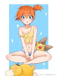 1girl artist_request asymmetrical_hair bare_arms bare_shoulders blush breasts cowboy_shot creatures_(company) game_freak gen_1_pokemon gym_leader highres looking_at_viewer misty_(pokemon) navel nintendo orange_hair panties pants pokemon pokemon_(anime) pokemon_(classic_anime) pokemon_(creature) ponytail psyduck shirt short_hair side_ponytail solo source_request staryu strap_slip tank_top underwear watermark weibo_watermark