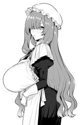 Rule 34 | 1girl, absurdres, apron, borrowed character, breasts, brooch, cowboy shot, dress, francoise (eurasia), frilled hat, frills, from side, gloves, greyscale, hair over one eye, hat, highres, huge breasts, jewelry, juliet sleeves, long bangs, long hair, long sleeves, maid, maid apron, mob cap, monochrome, original, puffy sleeves, screentones, solo, suisogenshi, v-shaped eyebrows, very long hair, wavy hair