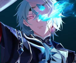 1boy absurdres anaxa_(honkai:_star_rail) aqua_hair black_jacket blue_eyes blue_fire fire highres honkai:_star_rail honkai_(series) jacket jewelry kannaduki_1026 male_focus medium_hair multiple_rings one_eye_covered parted_lips pink_pupils ring side_ponytail solo teeth upper_body