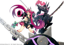 absurdres ball_and_chain_(weapon) belt chain cosmic_break dark_revenant detached_sleeves eyepatch fang goggles goggles_on_head hair_ornament hammer highres kendama leg_belt long_hair looking_at_viewer mace mercurio morizo_cs navel necktie official_art open_mouth pink_eyes pink_hair plaid_clothes plaid_skirt pleated_skirt pointy_ears robot simple_background skirt spike_ball spiked_ball_and_chain spiked_mace spikes stuffed_animal stuffed_toy teddy_bear thigh_strap twintails weapon white_background