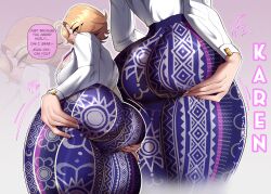 1girl absurdres artist_name ass ass_focus ass_support bell-bottoms blonde_hair blue_eyes blue_pants english_text forbidden_pants highres huge_ass karen_(qiyarts) medium_hair meme_attire mole mole_under_eye multiple_views original pants print_pants qiya shirt speech_bubble tsundere white_shirt