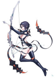 Rule 34 | 1girl, aiming, alternate costume, arrow (projectile), ass, backless leotard, bare shoulders, black boots, black gloves, black hair, black leotard, boots, bow (weapon), breasts, commentary, commission, cosplay, covered erect nipples, dhokidoki, elbow gloves, fingerless gloves, fire emblem, fire emblem: three houses, from behind, full body, gloves, high heel boots, high heels, highres, holding, holding bow (weapon), holding weapon, kronya (fire emblem), kronya (fire emblem) (cosplay), leotard, looking to the side, medium breasts, nintendo, open mouth, purple eyes, shamir nevrand, short hair, sideboob, simple background, solo, thigh boots, v-shaped eyebrows, weapon, white background