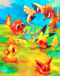 :o bad_id bad_pixiv_id battle bird blue_sky brown_eyes charmander chibi creatures_(company) dragonite eevee electricity eye_contact flame-tipped_tail flying game_freak gen_1_pokemon gen_2_pokemon ho-oh legendary_pokemon looking_at_another lugia minimized nintendo no_humans pokemon pokemon_(creature) red_eyes scared shizuku_(asanuma) sitting sky standing sweatdrop