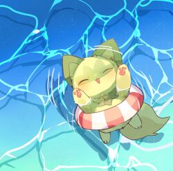 :3 absurdres afloat closed_eyes commentary_request full_body highres innertube lying nintendo no_humans on_back open_mouth pokemon pokemon_(creature) smile sprigatito swim_ring water yupo_0322