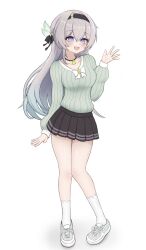 1girl absurdres black_hairband black_skirt blush firefly_(honkai:_star_rail) gradient_eyes gradient_hair green_pupils green_sweater grey_hair hair_between_eyes hair_intakes hair_ornament hair_ribbon hairband highres honkai:_star_rail honkai_(series) long_hair long_sleeves miniskirt multicolored_eyes multicolored_hair open_mouth pleated_skirt ribbon simple_background skirt socks solo sweater take_(take96254) white_background white_socks