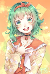 1girl a.i._voice argyle_cardigan argyle_clothes artist_name black_choker bow bow_headband buttons choker eyebrows_hidden_by_hair green_eyes green_hair gumi gumi_(a.i._voice) hand_on_own_chest head_tilt headband highres jewelry long_sleeves looking_at_viewer mai_mugi nail_polish open_mouth orange_background orange_bow orange_headband orange_nails orange_shirt orange_theme pendant pendant_choker shirt short_hair short_hair_with_long_locks sidelocks signature simple_background smile solo star_(symbol) teeth upper_body upper_teeth_only vocaloid white_bow