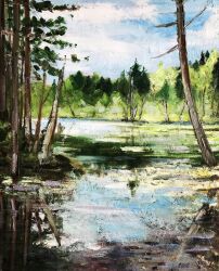 blue_sky cloud cloudy_sky day forest grass highres momo7rosemary nature no_humans original outdoors reflection reflective_water scenery sky tree water wetland