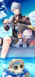 1boy :d absurdres antenna_hair armor black_choker black_pants black_shirt blue_eyes blue_sky bubbles_(honkai:_star_rail) chimera_(honkai:_star_rail) choker coat commentary_request floral_print_shirt food fruit guest_art hat highres holding holding_food holding_fruit holding_popsicle honkai:_star_rail honkai_(series) kinatsu_k male_focus official_art open_mouth pants pants_rolled_up parted_bangs pauldrons phainon_(honkai:_star_rail) pom-pom_(honkai:_star_rail) popsicle shirt short_hair shoulder_armor single_pauldron sitting sky smile soaking_feet solo straw_hat sunglasses swim_ring unworn_eyewear watermelon white_coat white_hair