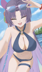 1girl absurdres bikini black_bikini blue_archive eyeshadow eyewear_on_head halo highres kevin777895 makeup navel o-ring o-ring_bikini official_alternate_costume official_alternate_hairstyle pink-framed_eyewear purple_halo red_eyeshadow solo swimsuit yukari_(blue_archive) yukari_(swimsuit)_(blue_archive)