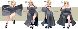 1girl absurdres alternate_breast_size ass aya_brea blonde_hair blue_eyes breasts cleavage closed_mouth curvy dress expansion expansion_sequence fat fat_woman highres huge_breasts kouno_(masao) long_hair looking_at_viewer parasite_eve_(series) parasite_eve_i plump solo thick_thighs thighs wide_hips