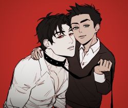 2boys arm_around_shoulder batman_(series) bite_mark biting blue_eyes collar commentary damian_wayne dc_comics dick_grayson endure_gif english_commentary fangs highres holding leash looking_at_viewer male_focus multiple_boys muscular muscular_male neck_biting nightwing pale_skin red_background red_eyes robin_(dc) short_hair shotadom smile vampire