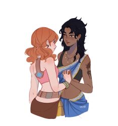 2girls arm_tattoo artist_name bare_shoulders black_hair black_shirt blue_sarong blue_skirt braid breasts brown_skirt cowboy_shot crop_top dark-skinned_female dark_skin earrings final_fantasy final_fantasy_xiii hair_tie highres holding_hands interlocked_fingers jewelry looking_at_another low_twintails medium_breasts midriff mole mole_under_eye mullet multiple_girls necklace oerba_dia_vanille oerba_yun_fang orange_hair parted_bangs parted_lips pink_shirt sarong shirt side_braid skirt sleeveless sleeveless_shirt strapless tattoo tube_top twintails vanekairi white_background yuri