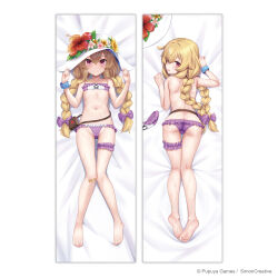 1girl ass bare_back barefoot bikini blonde_hair braid butt_crack collarbone dakimakura_(medium) flat_chest flower from_behind full_body hat highres little_witch_nobeta long_hair looking_at_viewer looking_back lying multiple_views navel nobeta nobeta_(swimsuit_skin) on_back on_stomach open_mouth petite purple_bikini red_eyes stomach swimsuit topless_female twin_braids very_long_hair wet white_hat