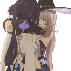 2girls artist_name back black_dress black_hair black_hat black_sleeves blue_dress blue_eyes blue_gloves blush breasts capelet china_dress chinese_clothes closed_mouth detached_sleeves dress gloves grey_hair hair_between_eyes hair_bun hair_ornament hair_stick hat herta_(honkai:_star_rail) honkai:_star_rail honkai_(series) hug korshokor long_hair long_sleeves looking_at_another multiple_girls ruan_mei_(honkai:_star_rail) side_ponytail simple_background sleeveless sleeveless_dress small_breasts strapless strapless_dress the_herta_(honkai:_star_rail) upper_body white_background white_capelet wide_sleeves witch_hat x_hair_ornament yuri