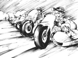 4girls 6+boys a-ha bow braid chinese_commentary closed_eyes closed_mouth commentary_request cookie_(touhou) daiyousei diyusi_(cookie) dust_cloud greyscale hair_bow hat helmet highres joker_(cookie) kirisame_marisa kofji_(cookie) long_hair manatsu_no_yo_no_inmu mizuhashi_parsee monochrome motor_vehicle motorcycle motorcycle_helmet multiple_boys multiple_girls mushroomsucy nazrin on_motorcycle open_mouth pointy_ears shirt short_hair sidecar single_braid sketch smile sunglasses suzu_(cookie) take_on_me_(a-ha) takuya_(acceed) touhou upper_body witch_hat