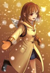 1girl :d absurdres angel_wings backpack bag black_boots boots brown_hair brown_mittens coat commentary_request eyebrows_hidden_by_hair eyelashes fake_wings foot_out_of_frame hair_between_eyes hairband happy highres hood hood_down hooded_coat kanon light_blush long_sleeves looking_at_viewer medium_hair mittens molqs78gzd27169 open_mouth outdoors red_eyes red_hairband smile snowing solo standing standing_on_one_leg straight_hair sunset teeth tsukimiya_ayu wings winter_clothes yellow_coat