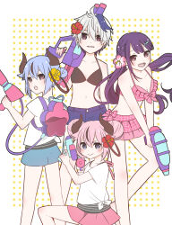 4girls alternate_costume bikini bikini_top_only black_bikini black_horns black_streaks blue_eyes blue_hair blue_shorts blunt_bangs bow bow_swimsuit braid breasts cleavage commentary_request cutoffs double_bun dual_wielding floating_hair flower flower_(vocaloid) flower_(vocaloid4) grin hair_bun hair_flower hair_ornament hairclip hibiscus highres holding holding_water_gun horns looking_at_viewer looking_back low_twintails meika_hime meika_mikoto multiple_girls navel open_mouth pink_bikini pink_bow pink_eyes pink_flower pink_hair pink_skirt plaid_bikini plaid_bow plaid_clothes purple_eyes purple_hair purple_streaks red_flower shirt short_hair shorts siblings side_braid sisters skc skirt small_breasts smile swimsuit teeth twintails vocaloid water_gun white_hair white_shirt xin_hua yellow_flower
