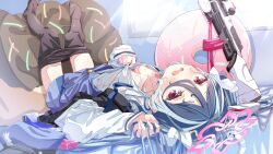 1girl black_pantyhose blue_archive blue_hair blue_skirt blush breasts clothes_pull collarbone commentary day donut_innertube downblouse foreshortening fubuki_(blue_archive) full_body gun hair_between_eyes hair_spread_out halo hat highres hot indoors kanikama_acedia legs_up light_blue_hair loli long_hair looking_at_viewer lying multicolored_hair no_shoes on_back on_bed open_mouth pantyhose pantyhose_pull pillow pink_halo police_hat red_eyes shirt sidelocks skirt sleeves_past_wrists small_breasts solo streaked_hair sunlight sweat swim_ring upturned_eyes wavy_mouth weapon wet wet_clothes wet_shirt white_shirt window