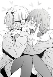 2girls after_kiss blush camisole closed_eyes commentary couple earrings french_kiss girls_band_cry glasses greyscale highres hina_(girls_band_cry) iseri_nina jewelry kiss low_twintails lwmina70119 monochrome multiple_girls pantyhose saliva saliva_trail short_hair short_twintails tongue tongue_out twintails yuri