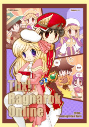 1boy 1girl 2000s_(style) 2002 2005 2008 absurdres acolyte_(ragnarok_online) age_progression arch_bishop_(ragnarok_online) belt black_hair blue_belt book brown_capelet brown_eyes brown_gloves brown_hair brown_hat capelet commentary_request cowboy_shot cross dress frilled_thighhighs frills fujisawa_eil garter_straps gloves green_hat hat high_priest_(ragnarok_online) highres holding holding_book juliet_sleeves long_hair long_sleeves looking_at_viewer mage_(ragnarok_online) newsboy_cap nurse_cap one_eye_closed open_mouth pants pink_dress priest_(ragnarok_online) professor_(ragnarok_online) puffy_sleeves purple_dress purple_eyes purple_hair ragnarok_online red_eyes red_hat red_shirt sage_(ragnarok_online) shirt short_hair sideways_hat smile star_(symbol) star_print tam_(ragnarok_online) thighhighs two-tone_dress white_capelet white_dress white_hat white_pants white_thighhighs witch_hat