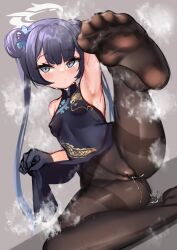 Rule 34 | 1girl, absurdres, arm up, armpits, bare shoulders, black dress, black gloves, black hair, blue archive, blush, breasts, brown pantyhose, butterfly hair ornament, china dress, chinese clothes, closed mouth, clothes lift, covered erect nipples, dot mouth, dot nose, double bun, dragon print, dress, expressionless, feet, foot focus, foreshortening, gloves, grey background, grey eyes, hair bun, hair ornament, halo, highres, kisaki (blue archive), leg up, long hair, looking at viewer, mashiropp, pantyhose, pelvic curtain, pelvic curtain lift, pussy juice, pussy juice puddle, simple background, sleeveless, sleeveless dress, small breasts, soles, solo, steaming body, sweat, toes