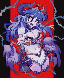 1girl :d akadako arm_armor astaroth_(shinrabanshou) bare_shoulders black_sclera breasts colored_sclera colored_skin cropped_legs demon_girl demon_horns eyelashes fangs feathered_wings highres horns large_breasts long_hair navel open_mouth pointy_ears purple_hair purple_skin shinrabanshou shiny_skin slit_pupils smile solo spikes stomach thighs thorns twitter_username wings yellow_eyes