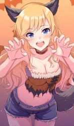 1girl :d animal_ears bare_arms bare_shoulders bat_(animal) bat_background belt_collar blonde_hair blue_eyes blue_shorts blush breasts claw_pose cleavage collar collarbone commentary_request cowboy_shot crop_top cutoffs fang fur_trim gradient_background halloween halloween_costume hands_up highres idolmaster idolmaster_cinderella_girls kemonomimi_mode light_particles long_hair looking_at_viewer medium_breasts midriff namidako navel ohtsuki_yui open_mouth orange_background purple_background short_shorts shorts sidelocks smile solo standing stomach strapless striped tail teeth torn_clothes tube_top upper_teeth_only vertical_stripes wolf_ears wolf_girl wolf_tail