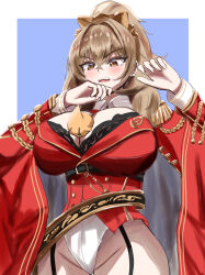 absurdres aiguillette animal_ears animal_on_chest azur_lane bird blonde_hair blue_background border bra breasts cape chick crossed_bangs epaulettes fake_animal_ears fangs groin hair_intakes hands_up highres huge_breasts kawakazeman lace lace-trimmed_bra lace_trim leotard lion_(azur_lane) manjuu_(azur_lane) military_uniform open_mouth outside_border red_cape simple_background single_epaulette surprised underwear white_border