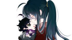 2boys ;o aged_down ahoge baby black_gloves black_hair carrying carrying_baby carrying_person chinese_commentary closed_eyes collared_shirt colored_tips commentary_request from_side gloves green_eyes green_hair grey_hair grimrose_(plants_vs._zombies) hair_tie high_ponytail highres holding kiss kissing_forehead long_hair looking_at_another male_focus multicolored_hair multiple_boys one_eye_closed pale_skin personification plants_vs._zombies plants_vs._zombies_2 pointy_ears ponytail portrait profile purple_shirt red_shirt shadow_peashooter_(plants_vs_zombies) shirt short_hair short_sleeves siiiiiiiiiii simple_background two-tone_hair u_u white_background
