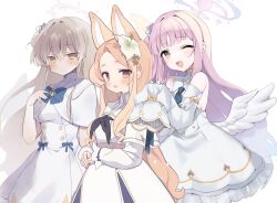 3girls :d ;d angel_wings animal_ear_fluff animal_ears ao_(mintz) blue_archive blush breasts brown_eyes commentary cosplay costume_switch cross_halo ear_wreath extra_ears feathered_wings flower flower_wreath forehead fox_ears fox_girl gradient_eyes gradient_halo hair_bun hair_flower hair_ornament halo happy highres looking_at_viewer low_wings mika_(blue_archive) mika_(blue_archive)_(cosplay) multicolored_eyes multicolored_halo multiple_girls nagisa_(blue_archive) nagisa_(blue_archive)_(cosplay) napenasupe one_eye_closed open_mouth pink_hair pink_halo seia_(blue_archive) seia_(blue_archive)_(cosplay) simple_background single_side_bun sleeves_past_fingers sleeves_past_wrists smile tea_party_(blue_archive) white_background white_wings wing_ornament wings yellow_halo