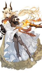 1girl absurdres aizuki_sui arknights black_pantyhose blonde_hair breasts commentary_request commission dress fire gloves grey_eyes highres holding holding_sword holding_weapon horns light_in_heart long_hair looking_at_viewer medium_breasts pantyhose parted_lips partial_commentary reed_(arknights) reed_the_flame_shadow_(arknights) shorts simple_background skeb_commission solo sword very_long_hair weapon white_background white_dress