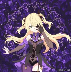 &gt;:) 1girl asymmetrical_legwear black_bow black_dress black_gloves black_thighhighs blonde_hair bnelsey bow bowtie breasts brooch colored_eyepatch commentary cowboy_shot dress english_commentary eyepatch fischl_(genshin_impact) floating_hair floral_background garter_straps genshin_impact gloves green_eyes hair_bow hand_on_own_face head_tilt jewelry layered_dress long_hair looking_at_viewer mismatched_legwear paid_reward_available pantyhose patterned_background purple_background purple_bow purple_bowtie purple_dress purple_pantyhose single_garter_strap single_glove single_leg_pantyhose small_breasts solo thighhighs twitter_username two-tone_dress two_side_up uneven_legwear v-shaped_eyebrows