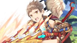 Rule 34 | 2boys, aegis sword (xenoblade), blonde hair, blue eyes, bodysuit, brown hair, commentary request, gloves, male focus, monado, multiple boys, open mouth, rex (xenoblade), short hair, shulk (xenoblade), smile, sword, weapon, xenoblade chronicles (series), xenoblade chronicles 1, xenoblade chronicles 2, yappen