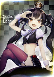 1girl :d arm_up black_hair blush bomb breasts brown_eyes checkered_background cropped_shirt cropped_vest crossed_legs explosive fang female_focus garter_straps kooh long_hair looking_at_viewer md5_mismatch midriff miniskirt minutachi open_mouth pangya puffy_short_sleeves puffy_sleeves purple_thighhighs resolution_mismatch short_sleeves sitting skirt small_breasts smile solo source_smaller thighhighs twintails very_long_hair vest wrist_cuffs zettai_ryouiki