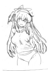 1girl absurdres alternate_costume alternate_hairstyle arms_behind_back artist_name breasts buruma fingerless_gloves gloves hair_ribbon highres large_breasts legs long_hair looking_to_the_side midriff_peek monochrome nakoruru navel nervous_smile one_eye_closed open_clothes open_mouth ribbon samurai_spirits shirt sketch smile snk solo sports_uniform the_king_of_fighters thick_thighs thighs tongue track_suit traditional_media twintails unzipped very_long_hair wide_hips wink